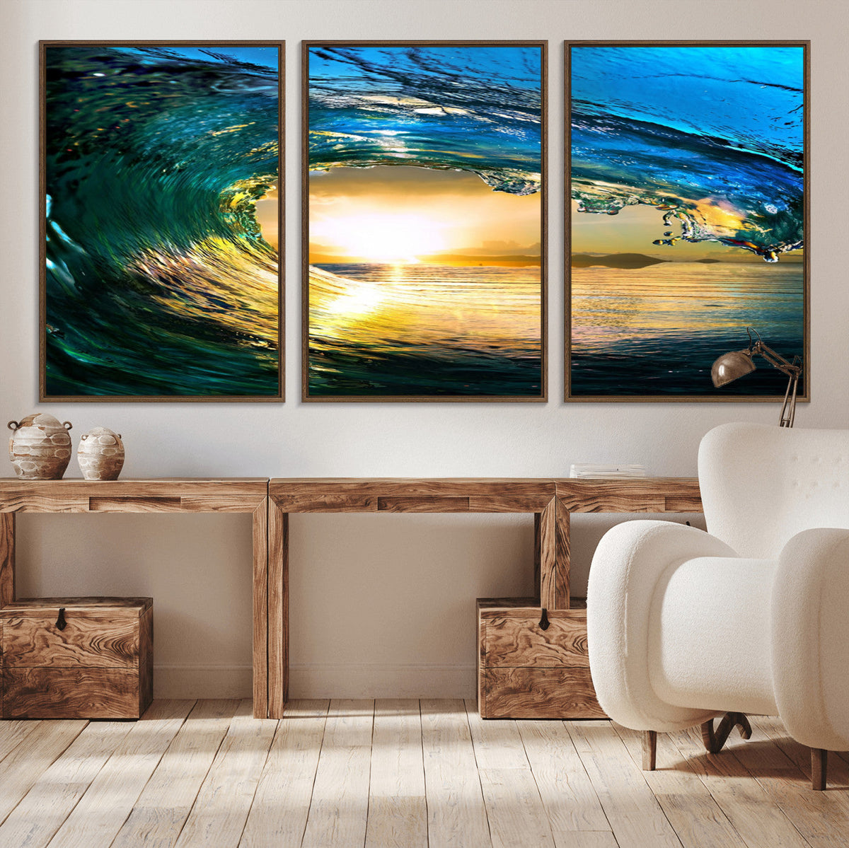 Ocean Wave at Sunset Canvas Art, Large Wall Print of Vibrant