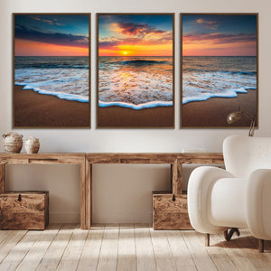 Sunset Beach Canvas Wall Art – Colorful Ocean Waves Triptych