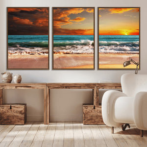Golden Sunset Beach Canvas Wall Art – Triptych Seascape