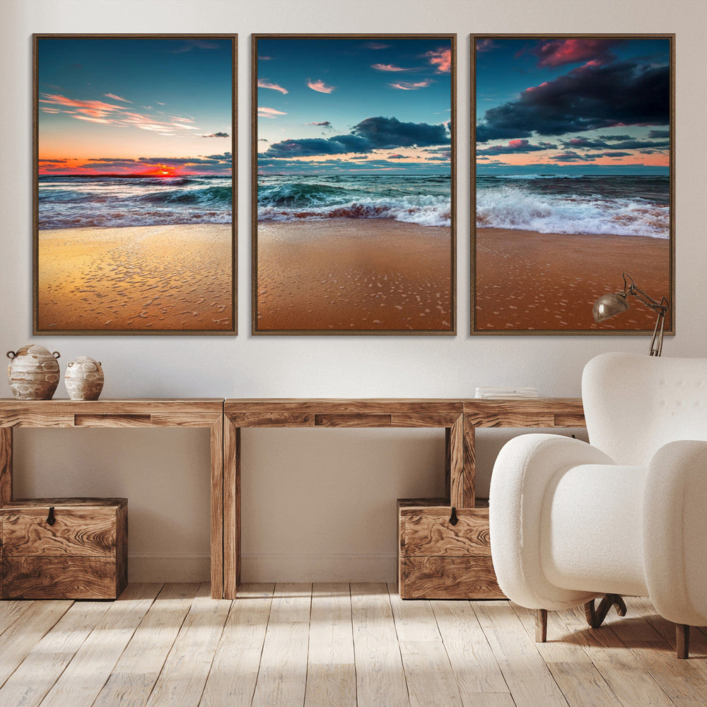 Sunset on Beach Wall Art Ocean Beach Canvas Print