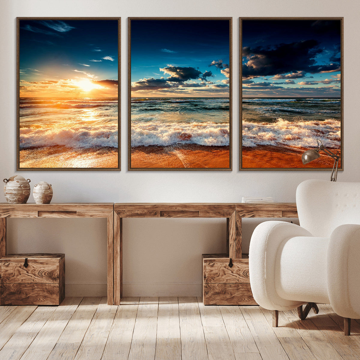 Golden Hour Sunset Over Ocean Waves Wall Art Canvas Print |