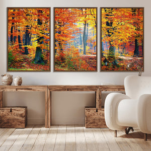 Autumn Red Forest Triptych Canvas Wall Art Print, Forest