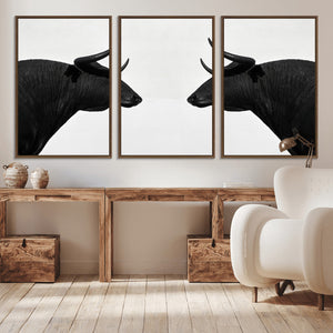 Spanish Bull Art - Framed Black and White Bull Canvas Print