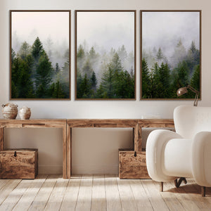 Misty Pine Forest Wall Art Canvas Print | 3 Panel Green