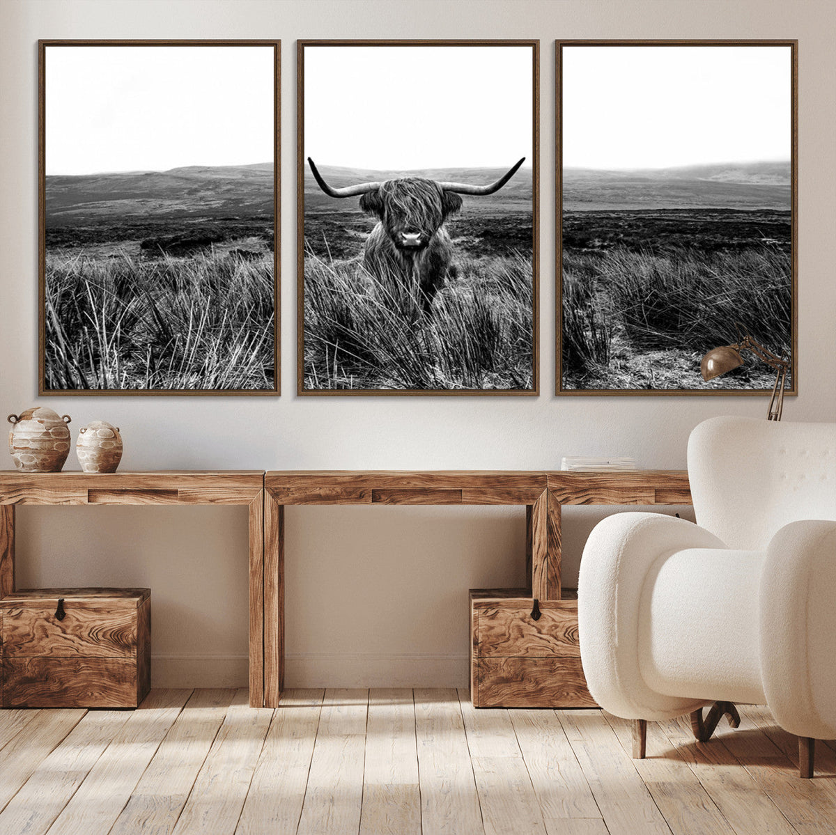 Black and White Highland Cow Canvas Wall Art, Longhorn