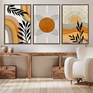 Modern Boho Sun and Leaf Abstract Art – 3-Panel Giclée