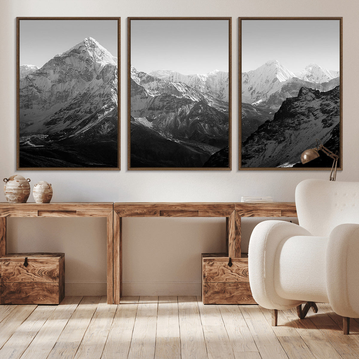 Everest Himalaya Mountain Peaks Black & White Triptych