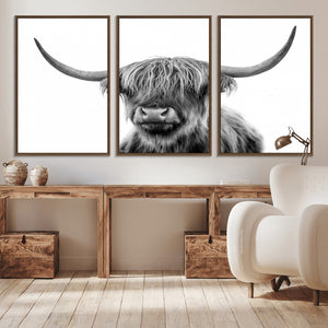 Grayscale Scottish Highland Cow Cattle Art Print Farmhouse