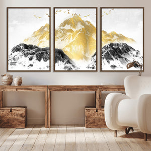Golden Mountain Triptych Wall Art Canvas Print, Modern