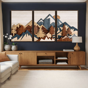 Woodland Mountain Landscape Triptych, Giclee Canvas Art for