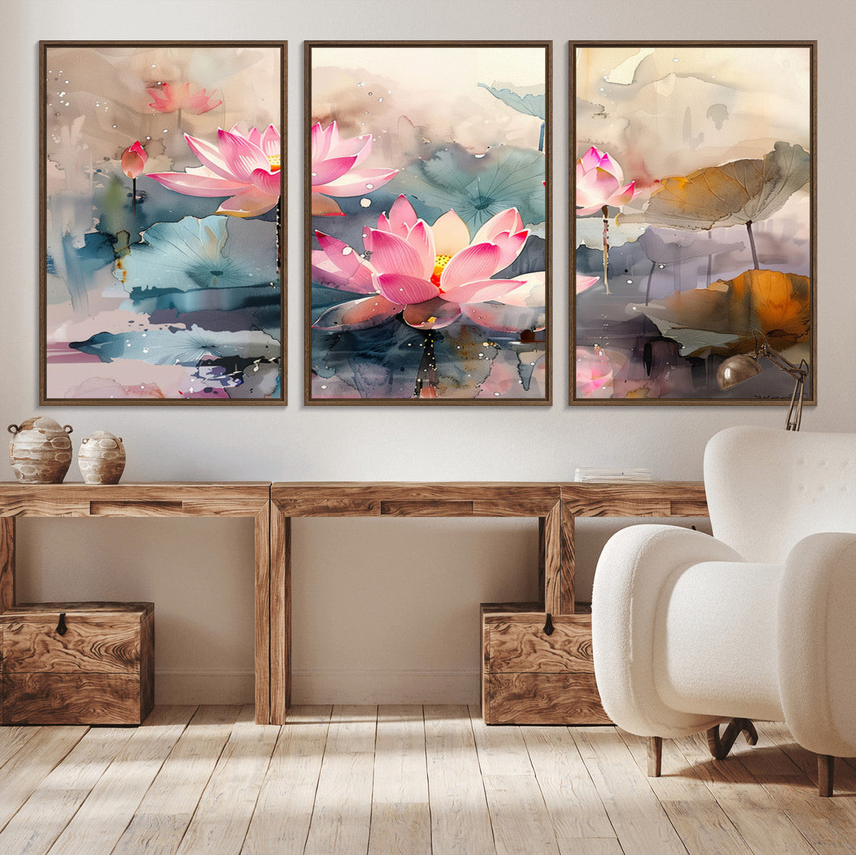 Lotus Flower Wall Art | 3-Panel Giclee Canvas Print of Pink