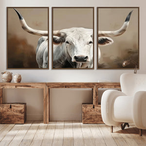White Longhorn Bull Wall Art Canvas Print – Framed and Ready