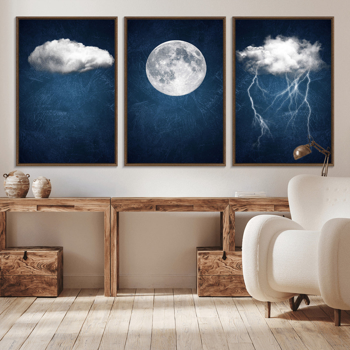 Dark Blue Cloud Art, 3 Piece Indigo Blue Wall Art, Aesthetic