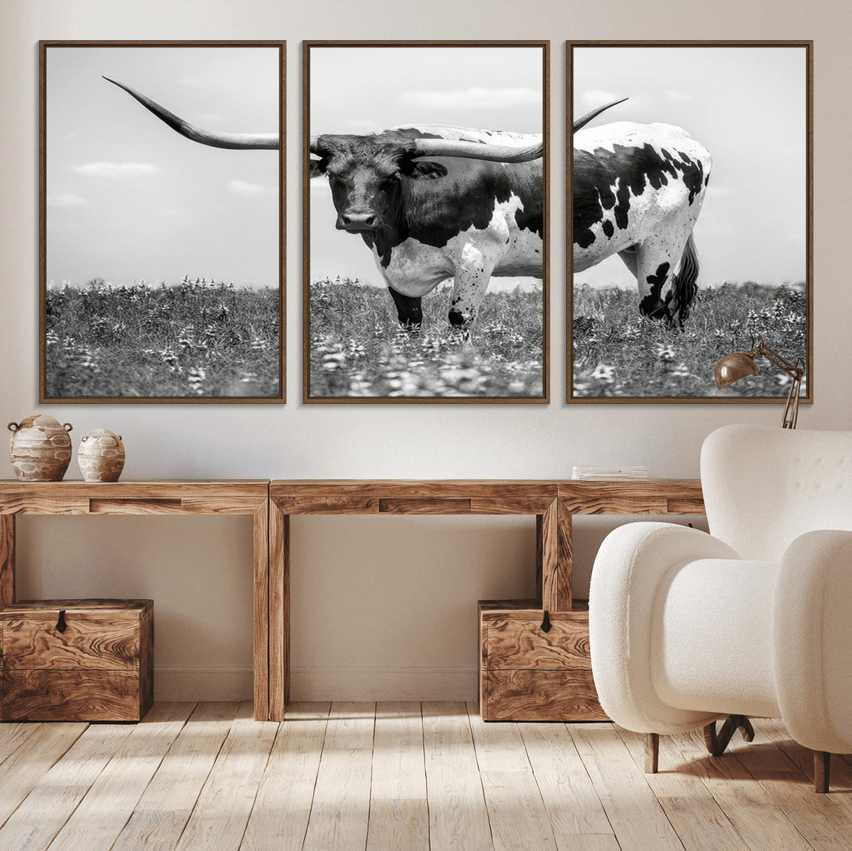 Texas Black White Highland Longhorn Cow Wall Art Canvas