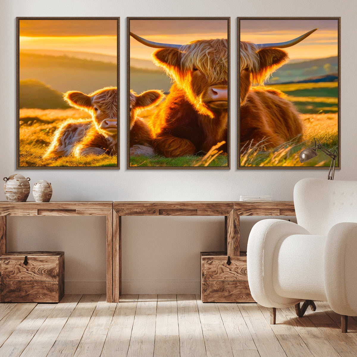 Scottish Cow and Baby Cow Canvas Wall Art Animal Print