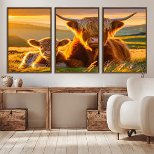 Scottish Cow and Baby Cow Canvas Wall Art Animal Print