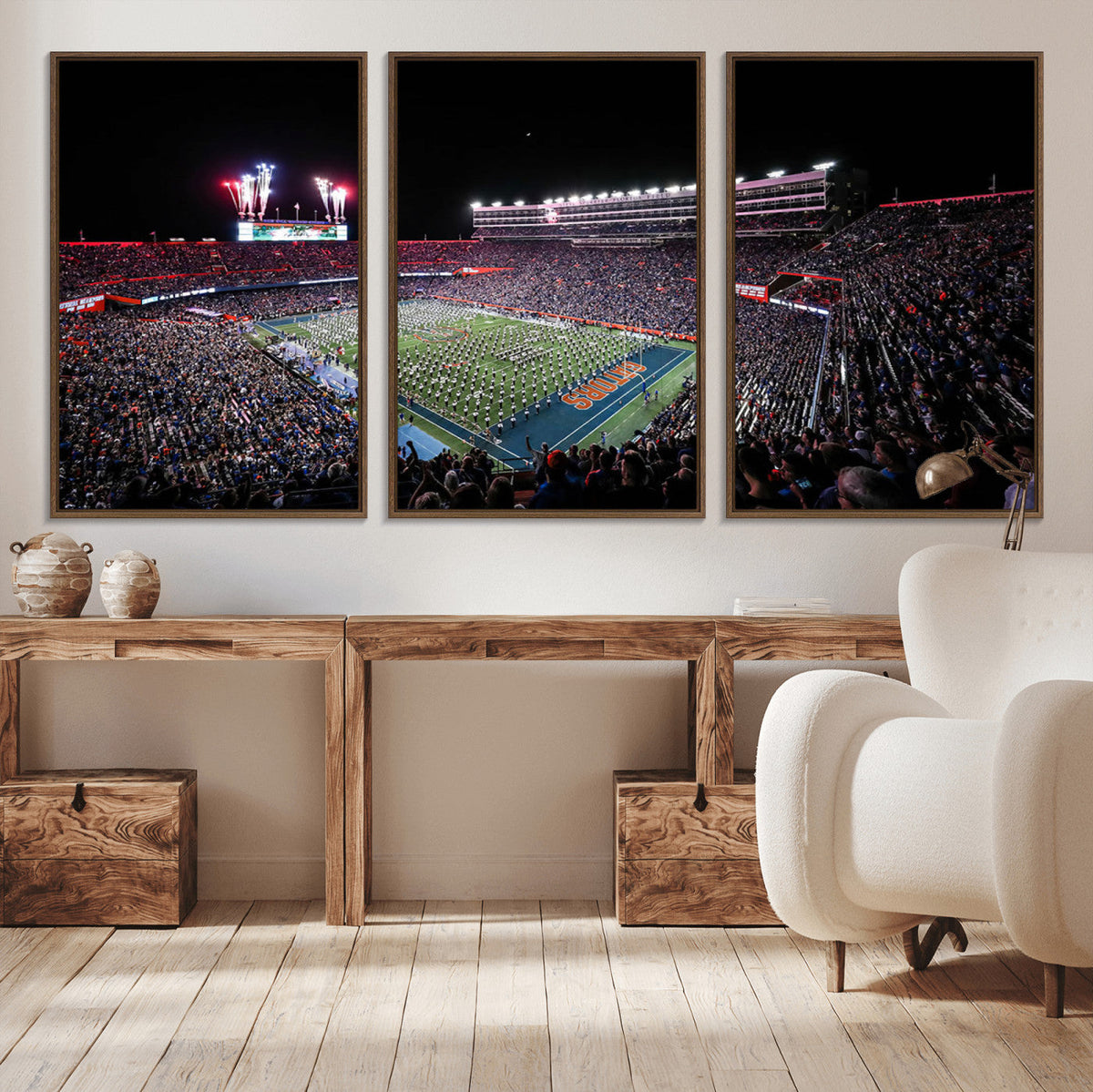 Ben Hill Griffin Stadium Night Game Triple Canvas Wall Art -