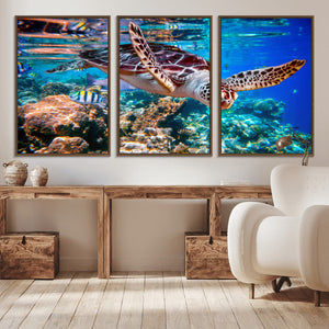 Underwater Coral Reef Sea Turtle Wall Art Canvas Print,