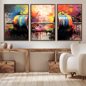 Weightlifting Barbell Art Triptych, Bold Abstract Fitness