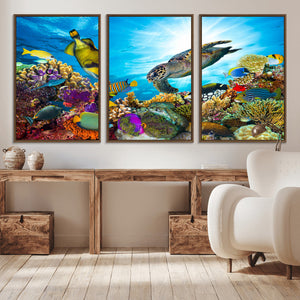 Colorful Coral Reef and Sea Life Turtle Canvas Print,