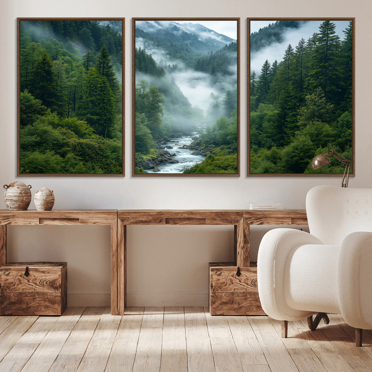 Mountain Forest River Canvas Wall Art Print - Serene Nature