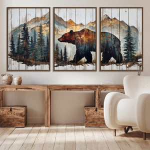 Rustic Grizzly 399 Bear and Mountain Wood Canvas Wall Art -