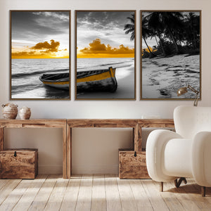 Yellow Rowboat Wall Art – Framed Tropical Shoreline Canvas