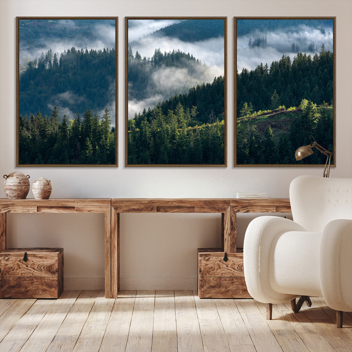 Misty Forest Wall Art Canvas Print, Serene Pine Hills and