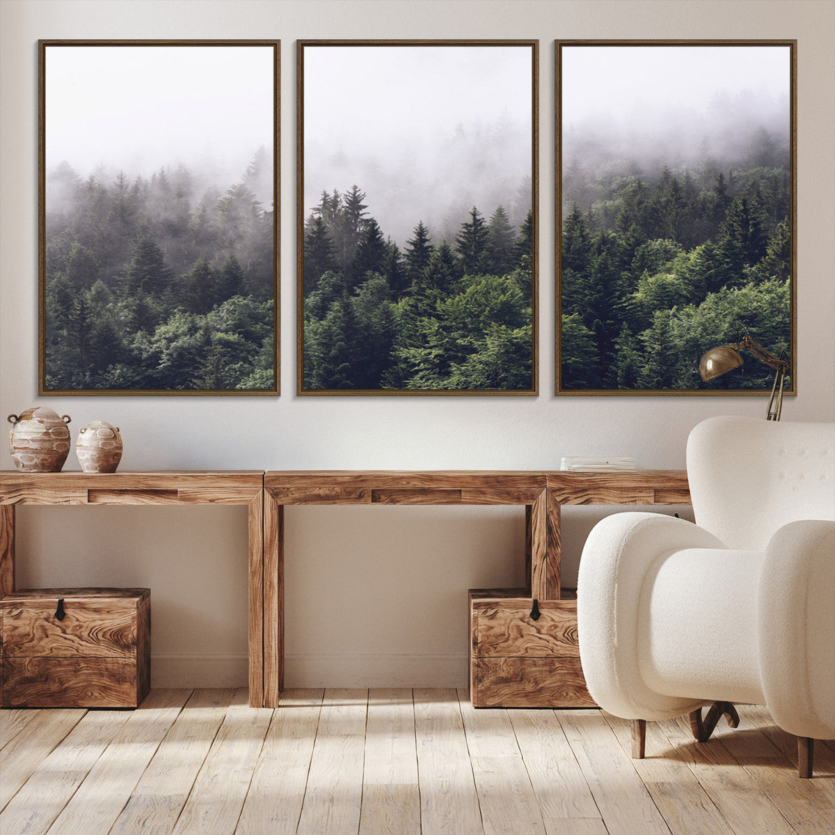 Misty Forest Wall Art Canvas Print, Serene Foggy Pines and