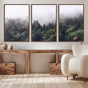 Misty Forest Wall Art Canvas Print, Serene Foggy Pines and