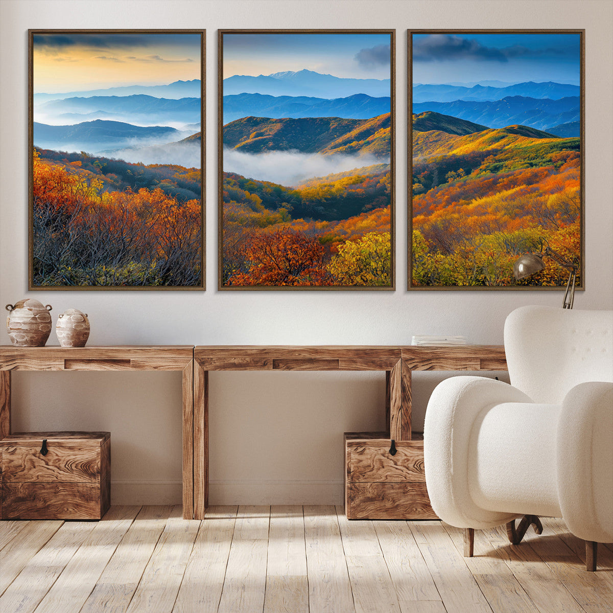 Autumn Mountains Wall Art Canvas Print – Foggy Peaks