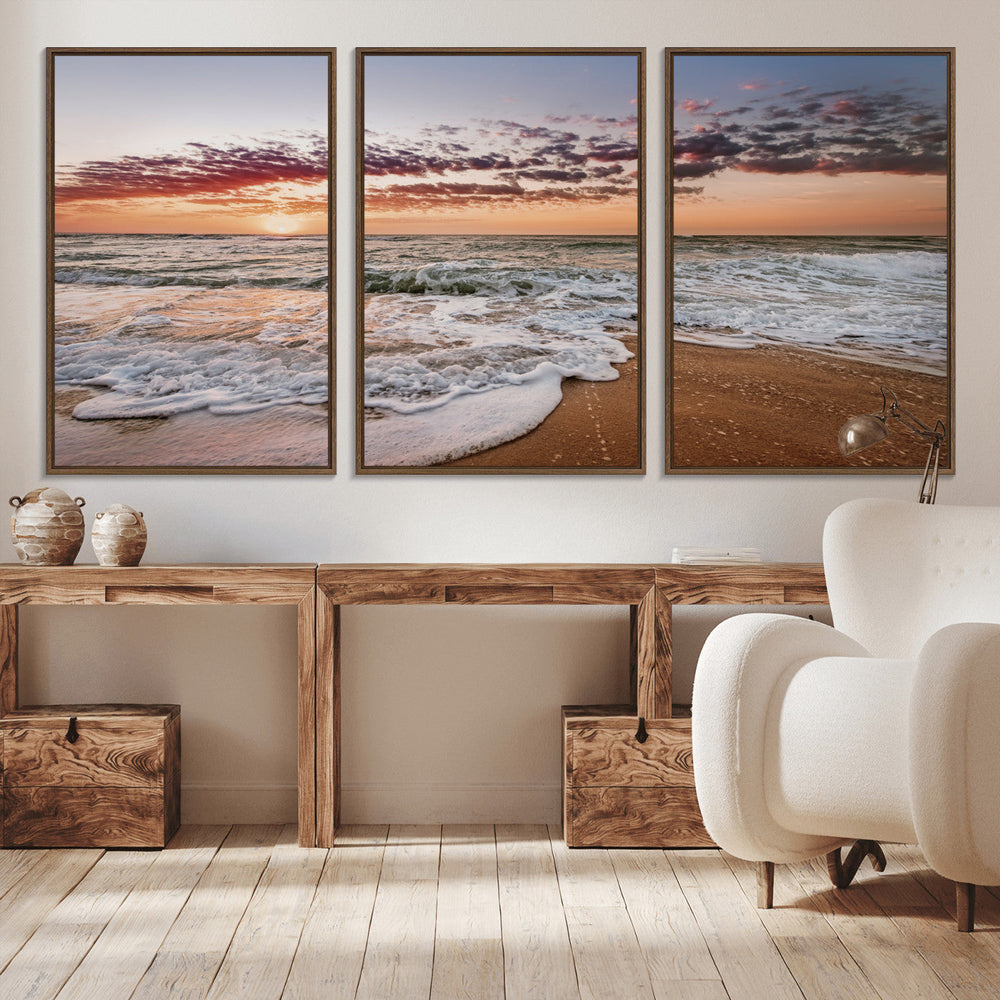 Ocean Sunset Wall Art Canvas Print – Framed Sandy Shore