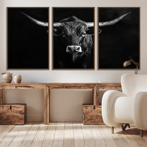 Texas Longhorn Wall Art Canvas Print – Framed Monochrome