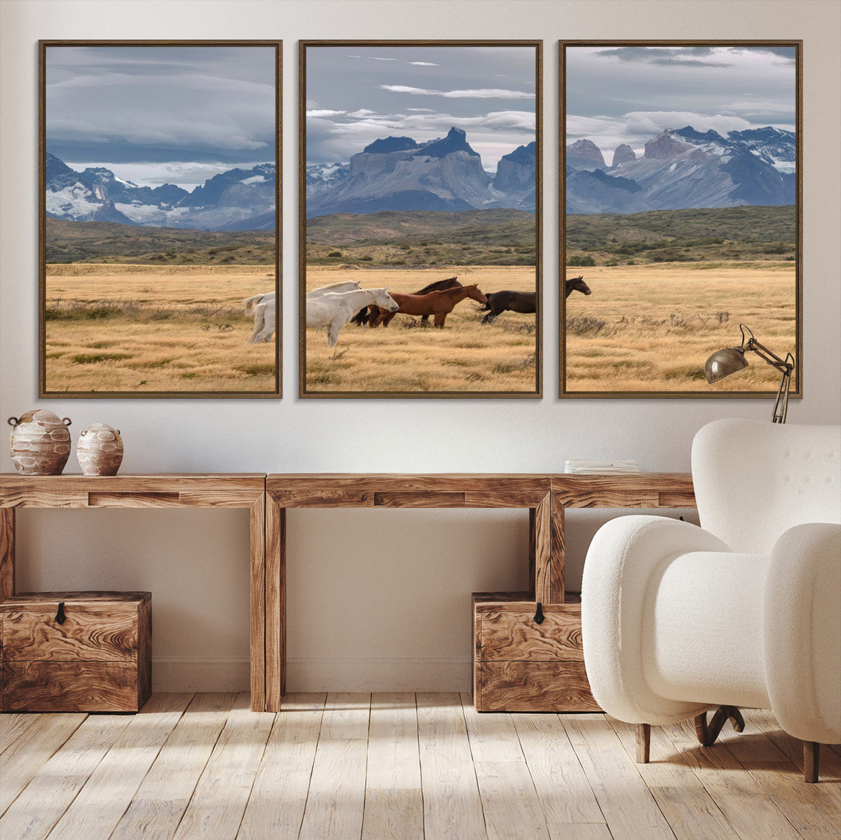Grand Teton Park Wild Horses Wall Art Canvas Print – Framed