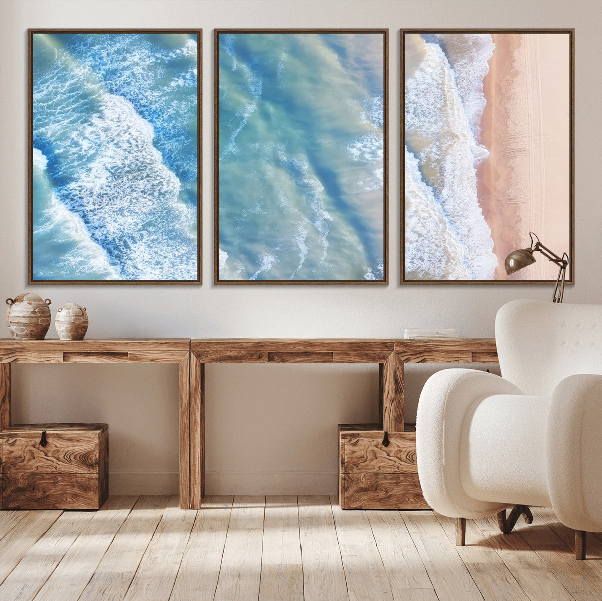 Aerial Ocean View Wall Art Canvas Print – Framed Soft Blue