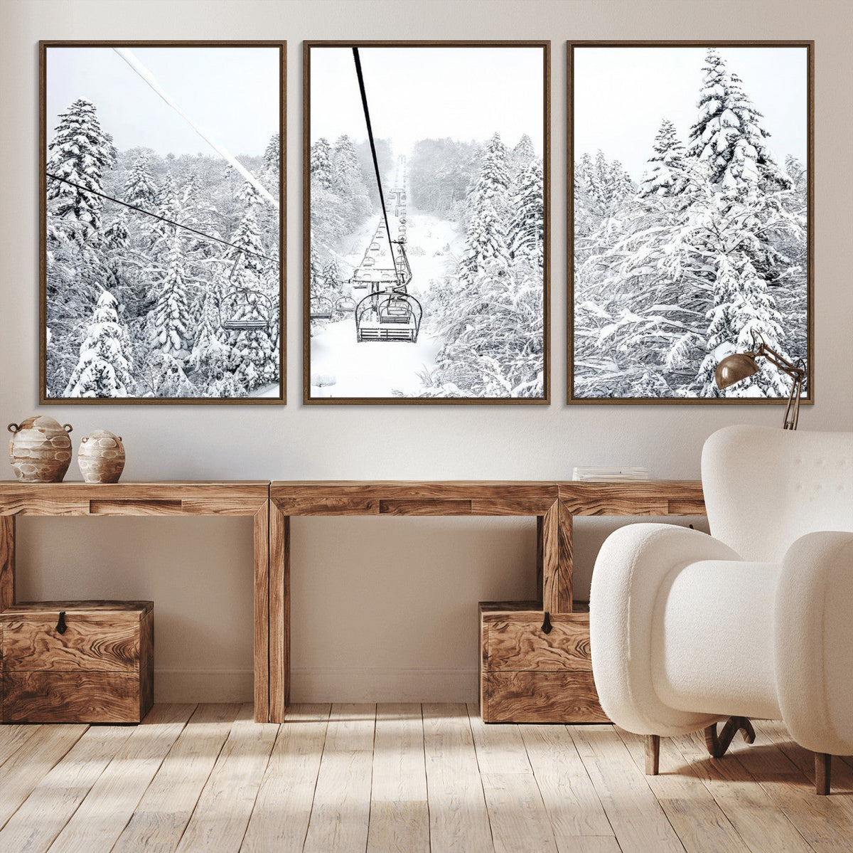 Snowy Ski Lift Wall Art – Framed Winter Mountain Canvas