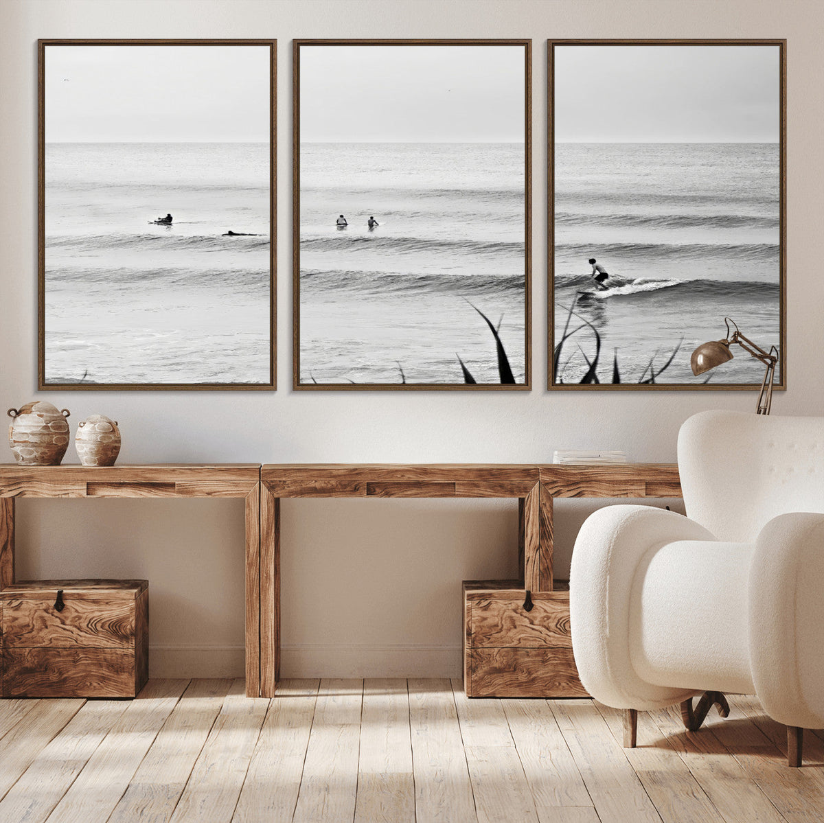 Surfer Silhouette Wall Art – Framed Calm Ocean Canvas