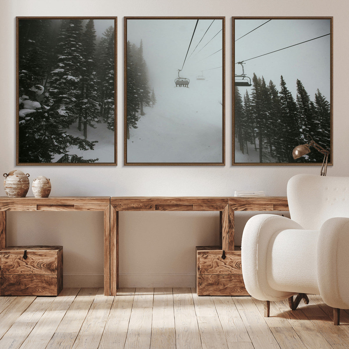 Ski Lift Wall Art Canvas Print – Snowy Pines Misty Landscape