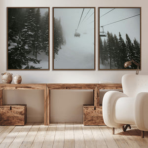 Ski Lift Wall Art Canvas Print – Snowy Pines Misty Landscape