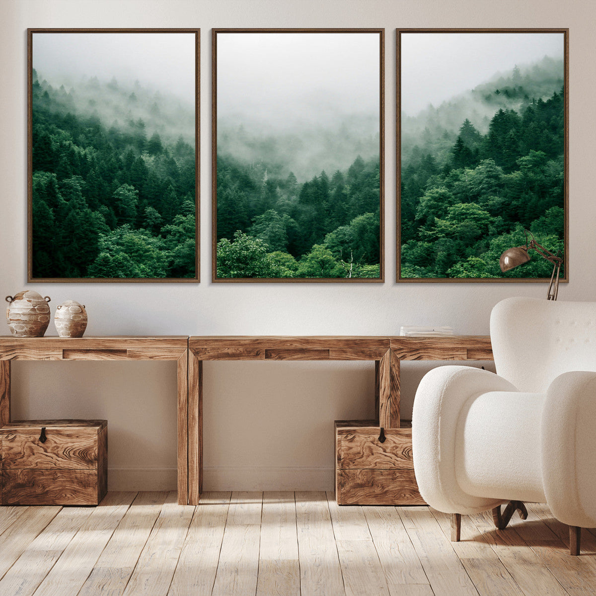 Misty Green Forest Canvas Print – Framed Serene Foggy Pine