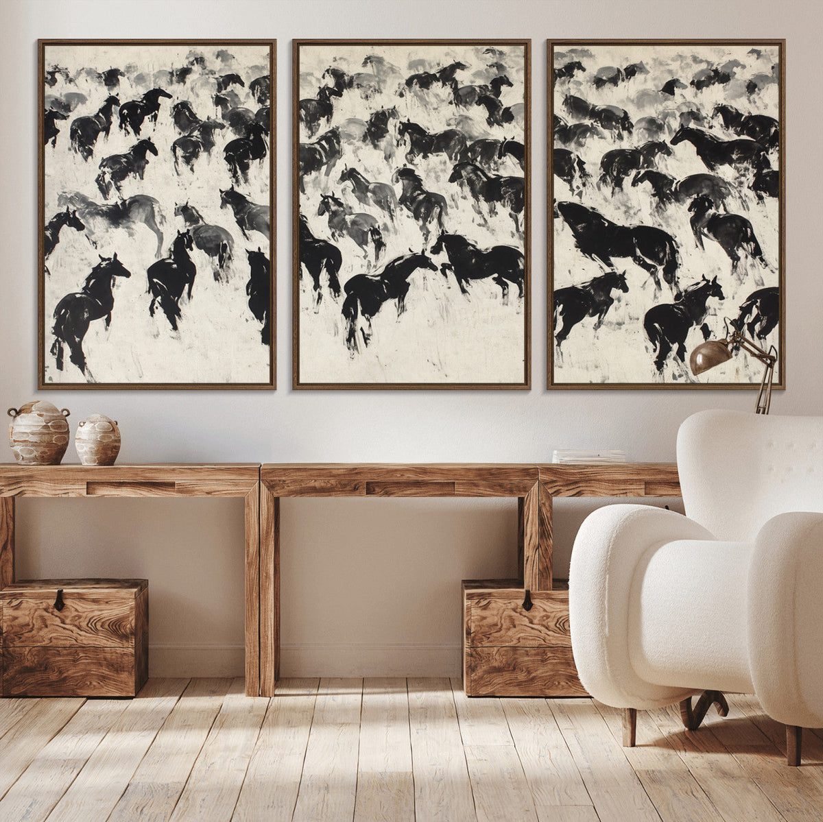 Wild Horse Stampede Wall Art Canvas Print – Monochrome
