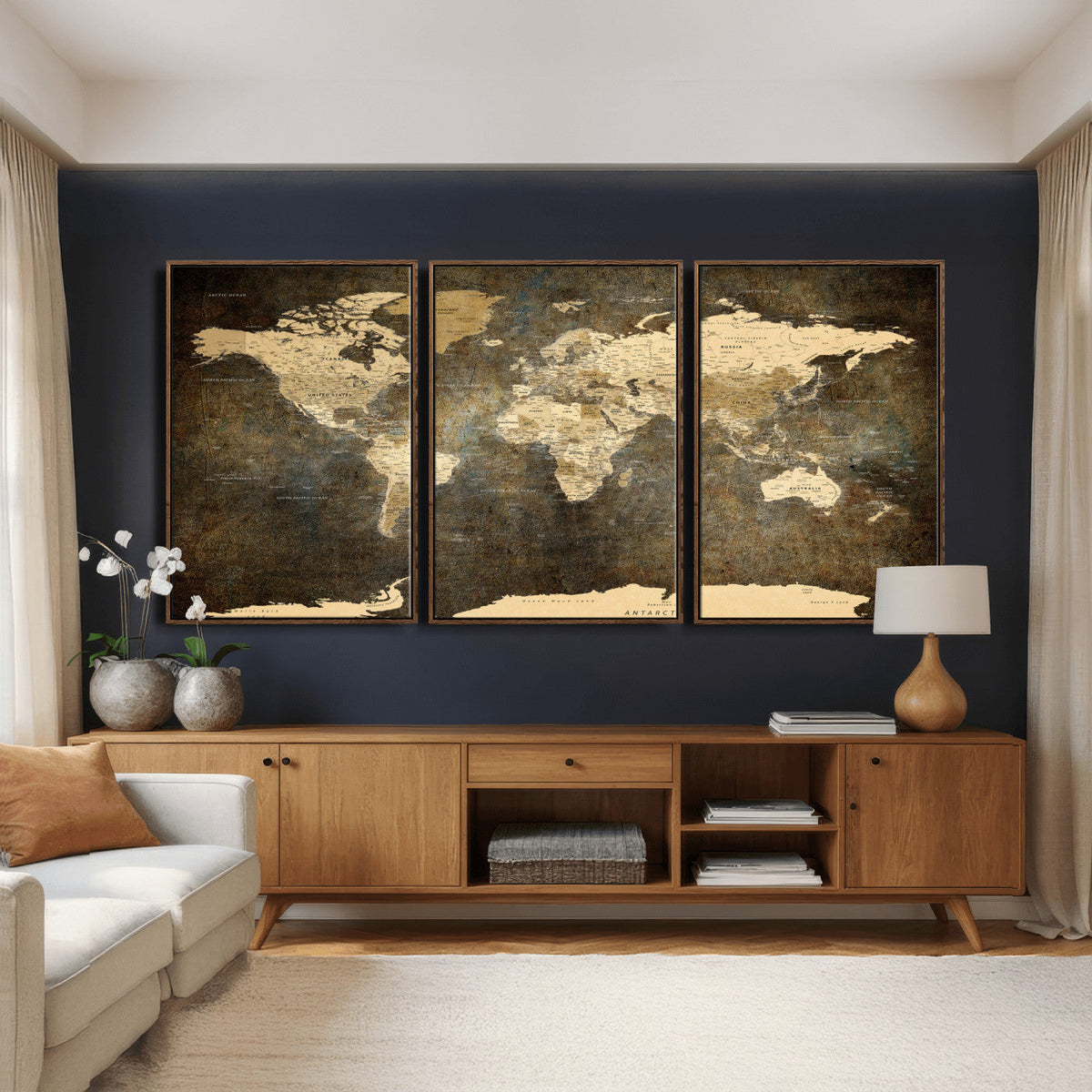 Large Framed Vintage World Map Wall Art Print for Home Wall