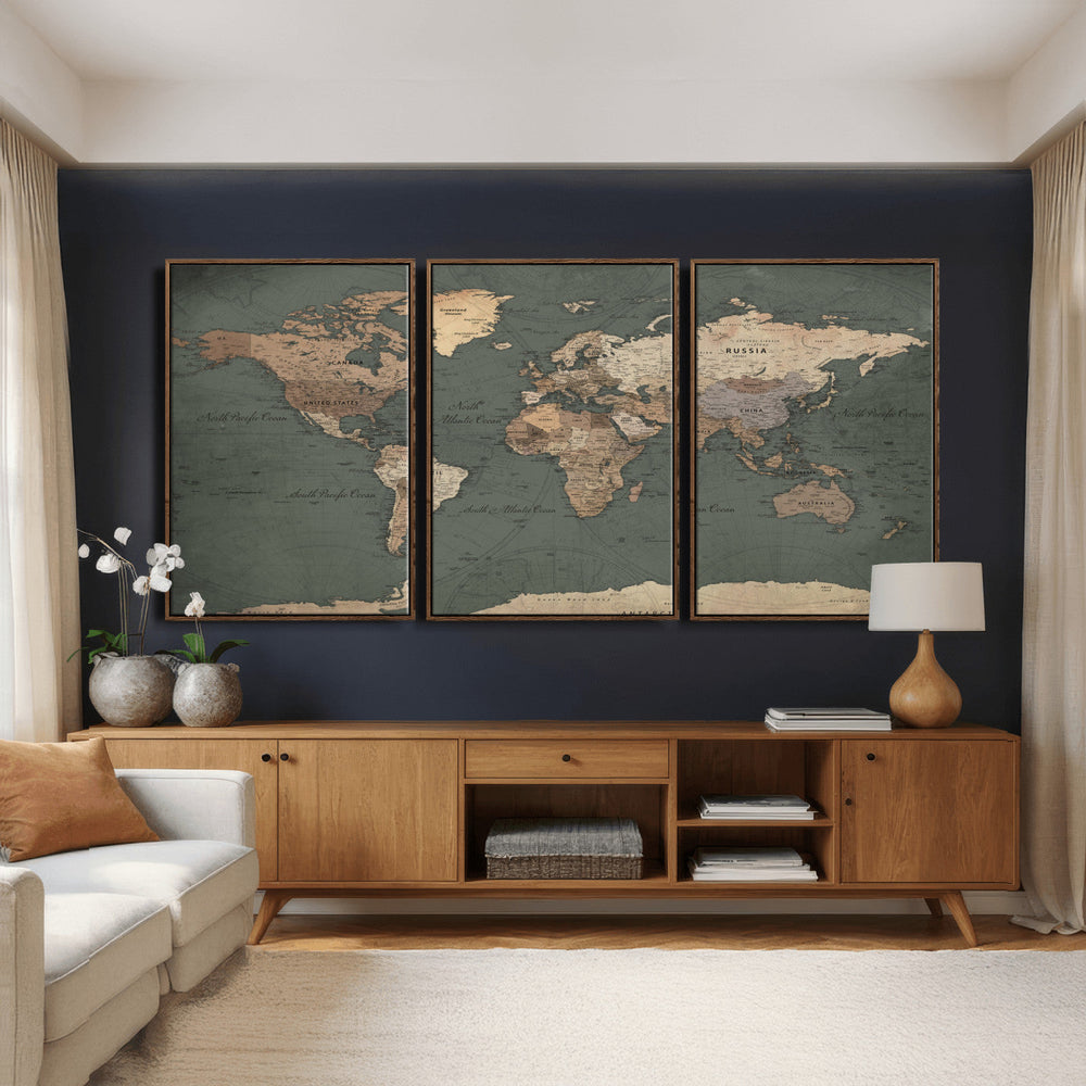 Rustic Black and Wood World Map Canvas Wall Art – Framed