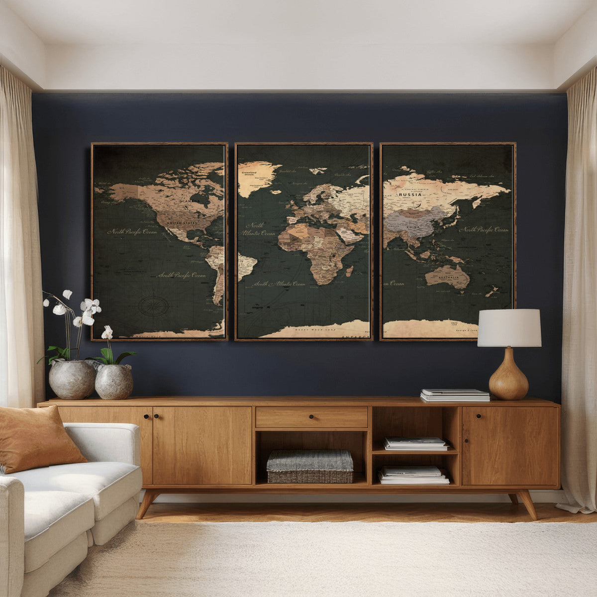 Vintage World Map Canvas Wall Art – Framed Travel Map for