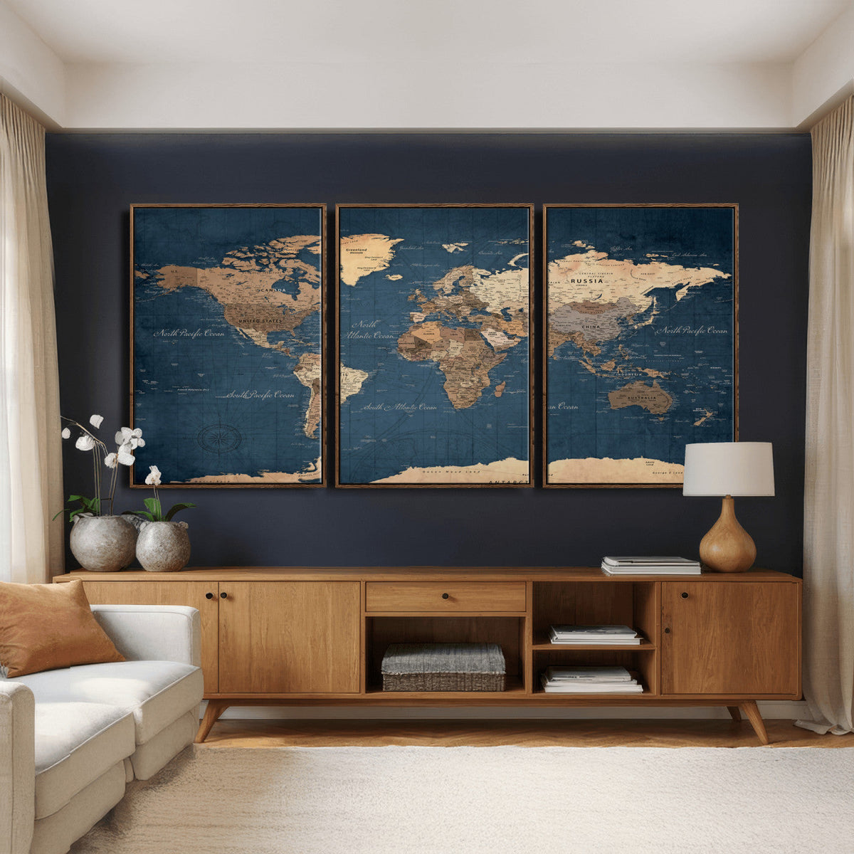 Navy Blue World Map Canvas Print – Framed Travel Map Wall