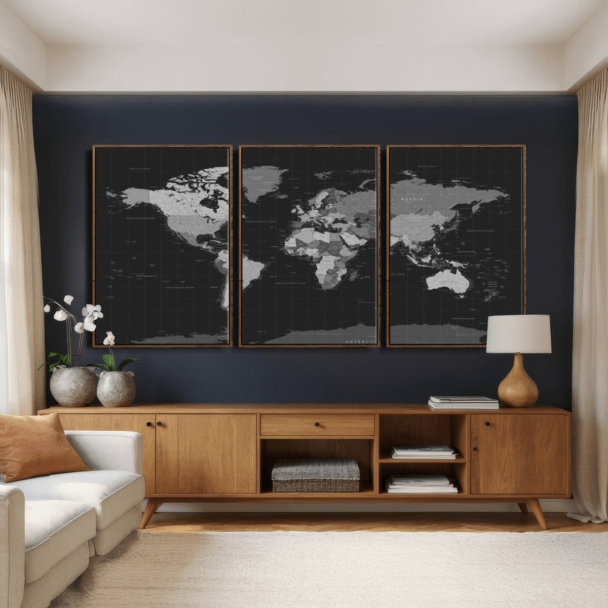 Black World Map Wall Art Canvas Print – Detailed Map of the