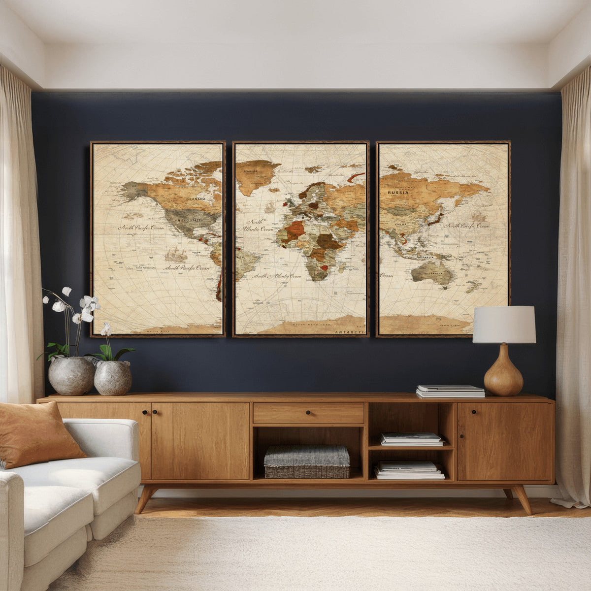 Rustic Vintage World Map Canvas Print – Framed Modern