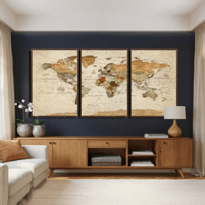 Rustic Vintage World Map Canvas Print – Framed Modern