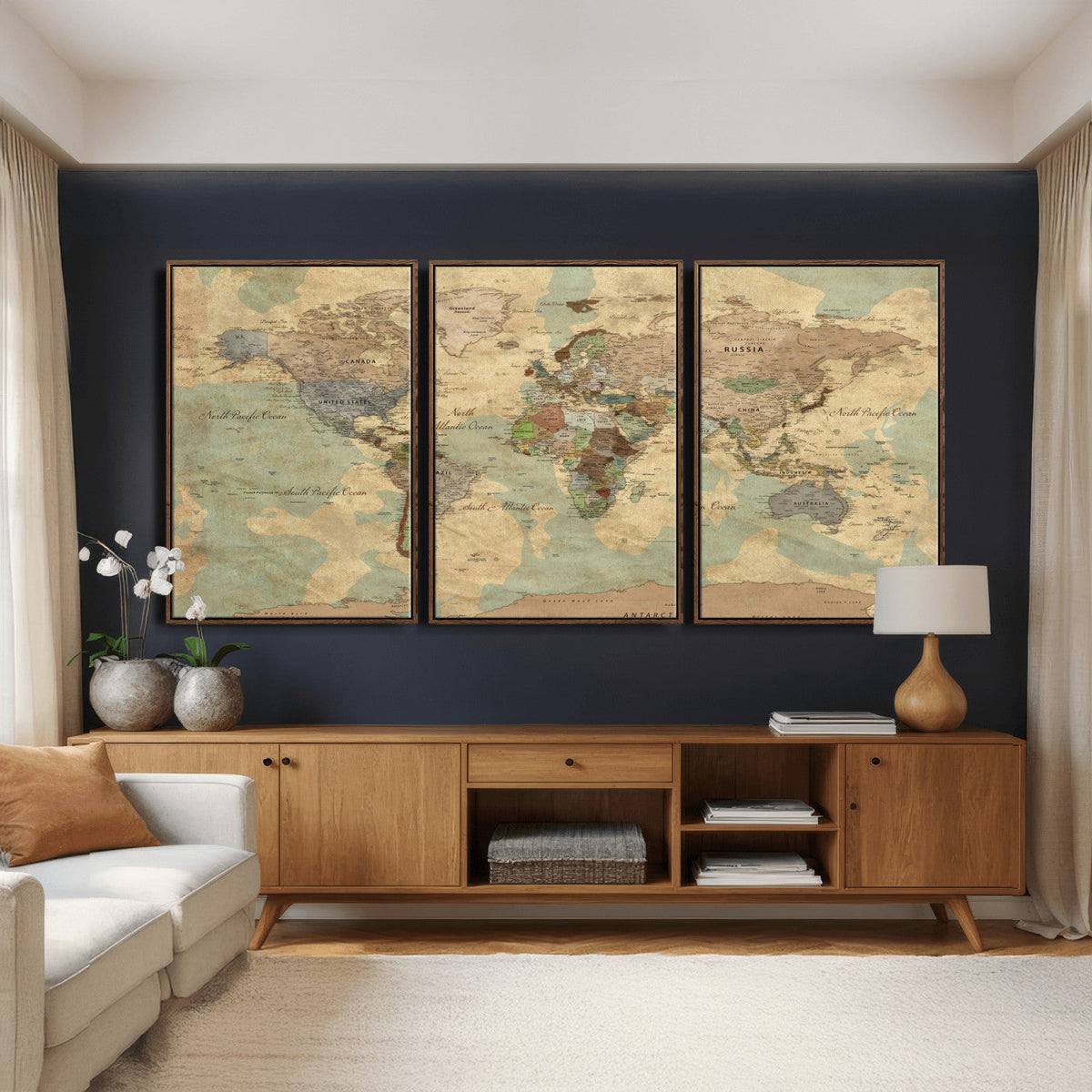 Vintage World Map Wall Art | Ready to Hang and Framed
