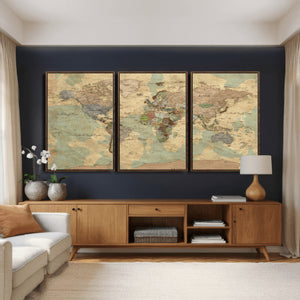 Vintage World Map Wall Art | Ready to Hang and Framed